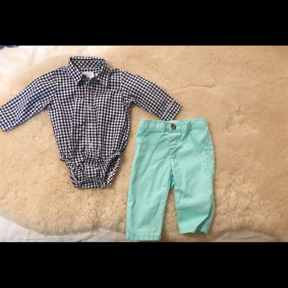 Button down onesie and pants outfit